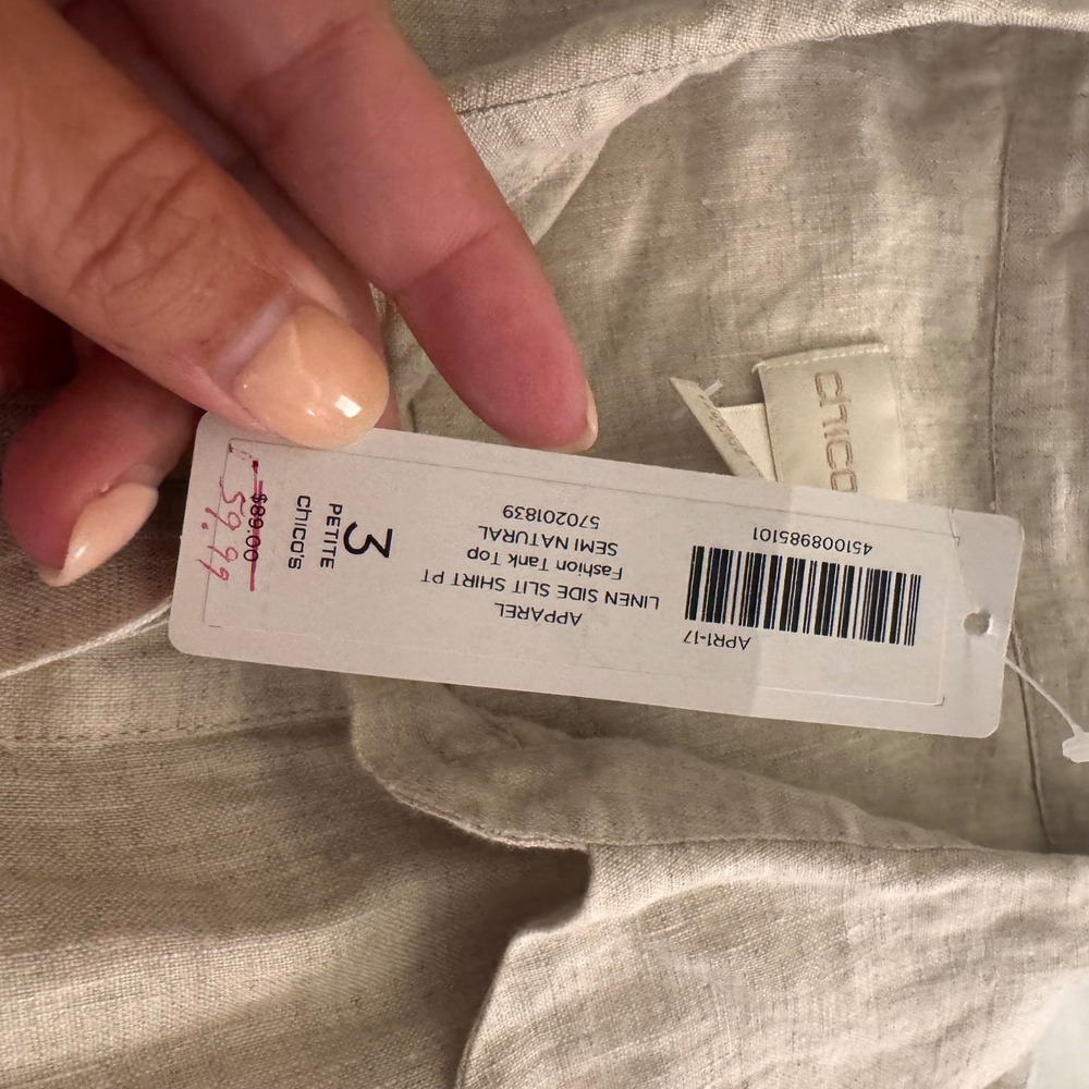 NWT Chico's 100% Linen Sleeveless Shirt Cream Hidden Side Slit Tank‎ Top Sz XL-P - Picture 4 of 9